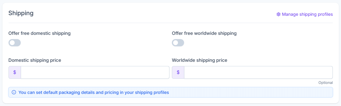 Domestic and worldwide shipping price