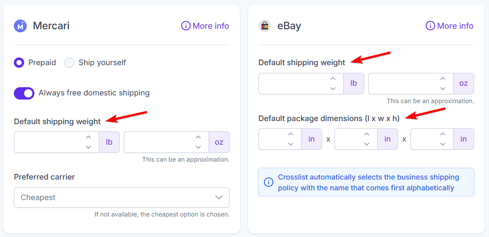 Shipping defaults
