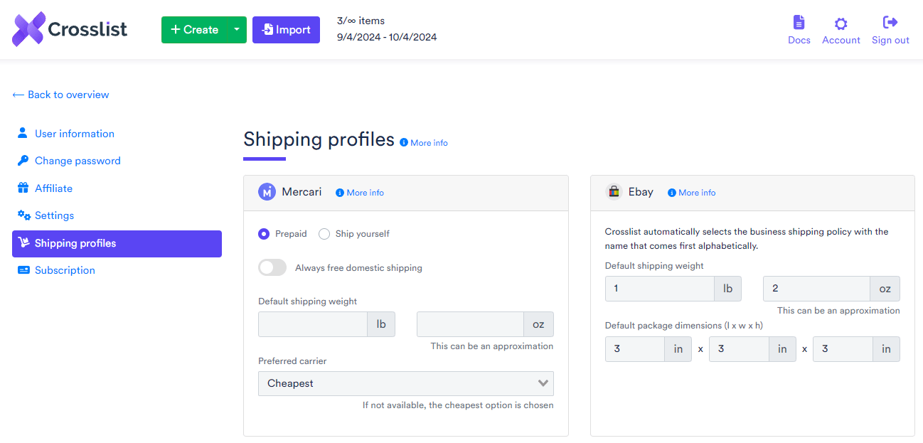 Shipping profiles