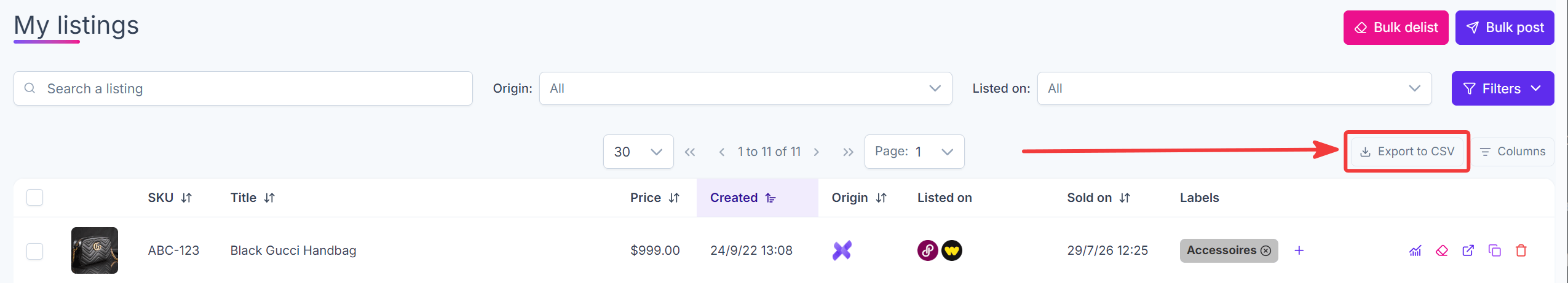 Export CSV button