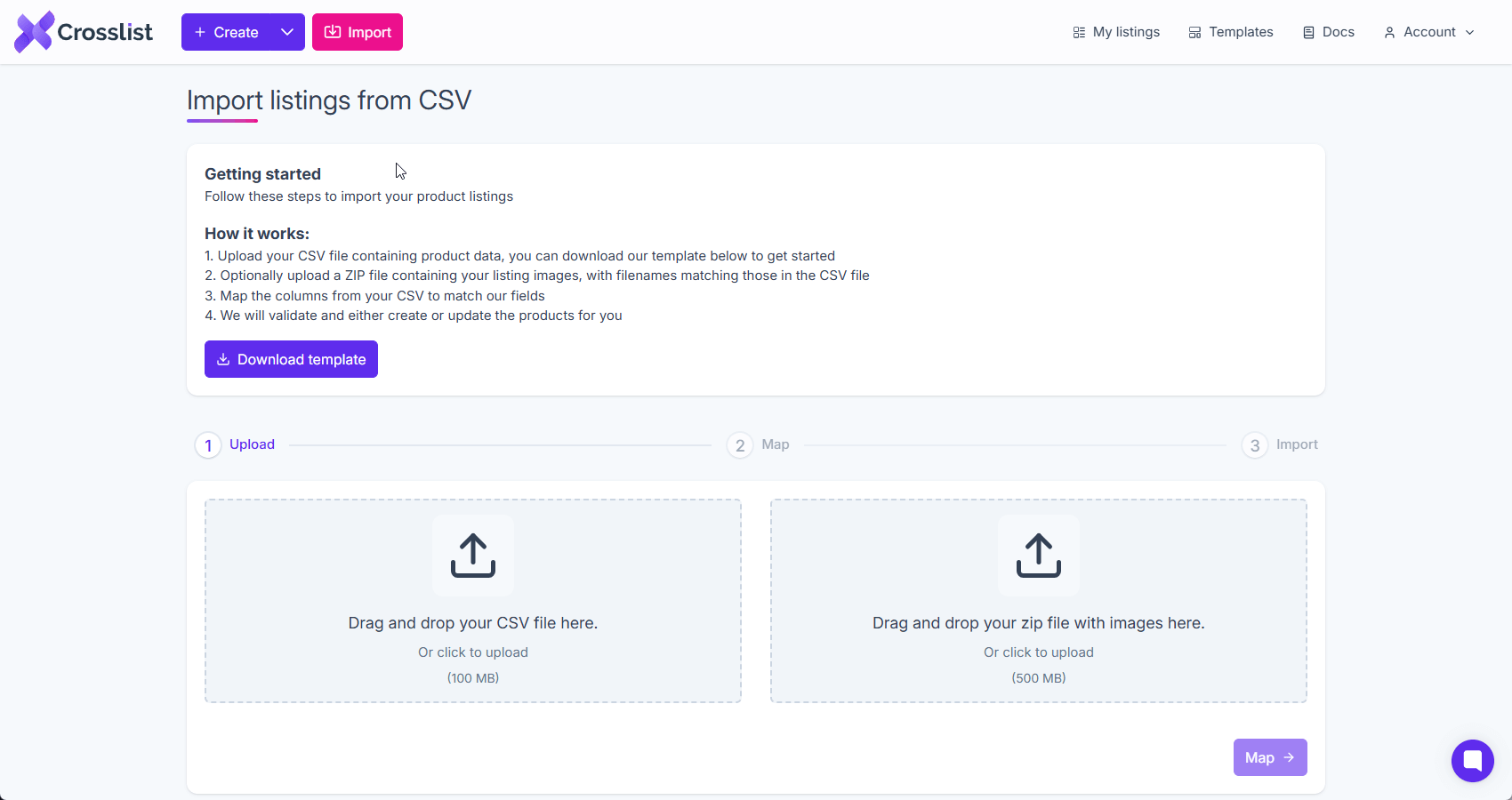 CSV upload screen