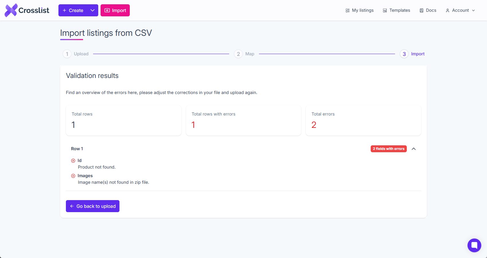 CSV validation results