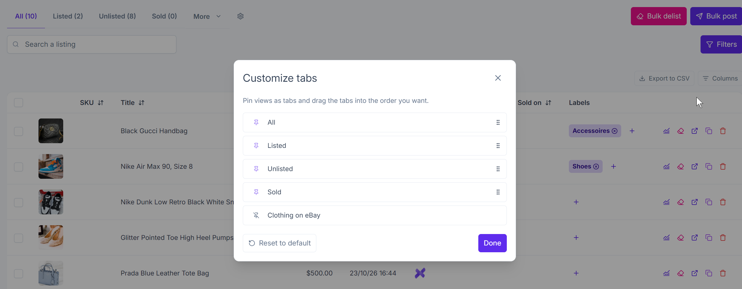 Customize views dialog