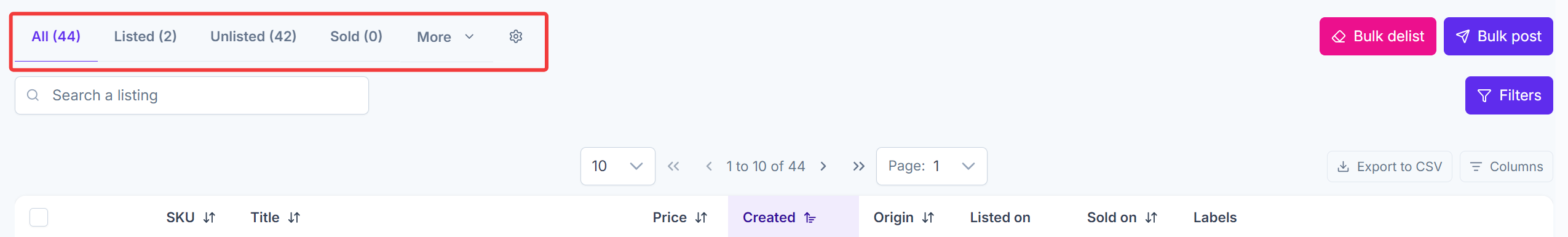 Default views above your listings