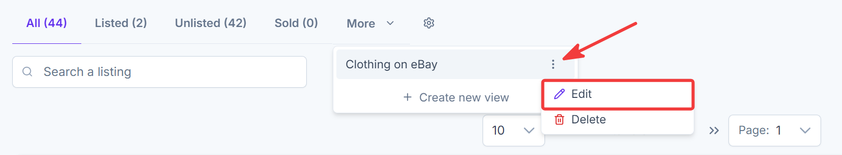 Edit and Delete options for a view
