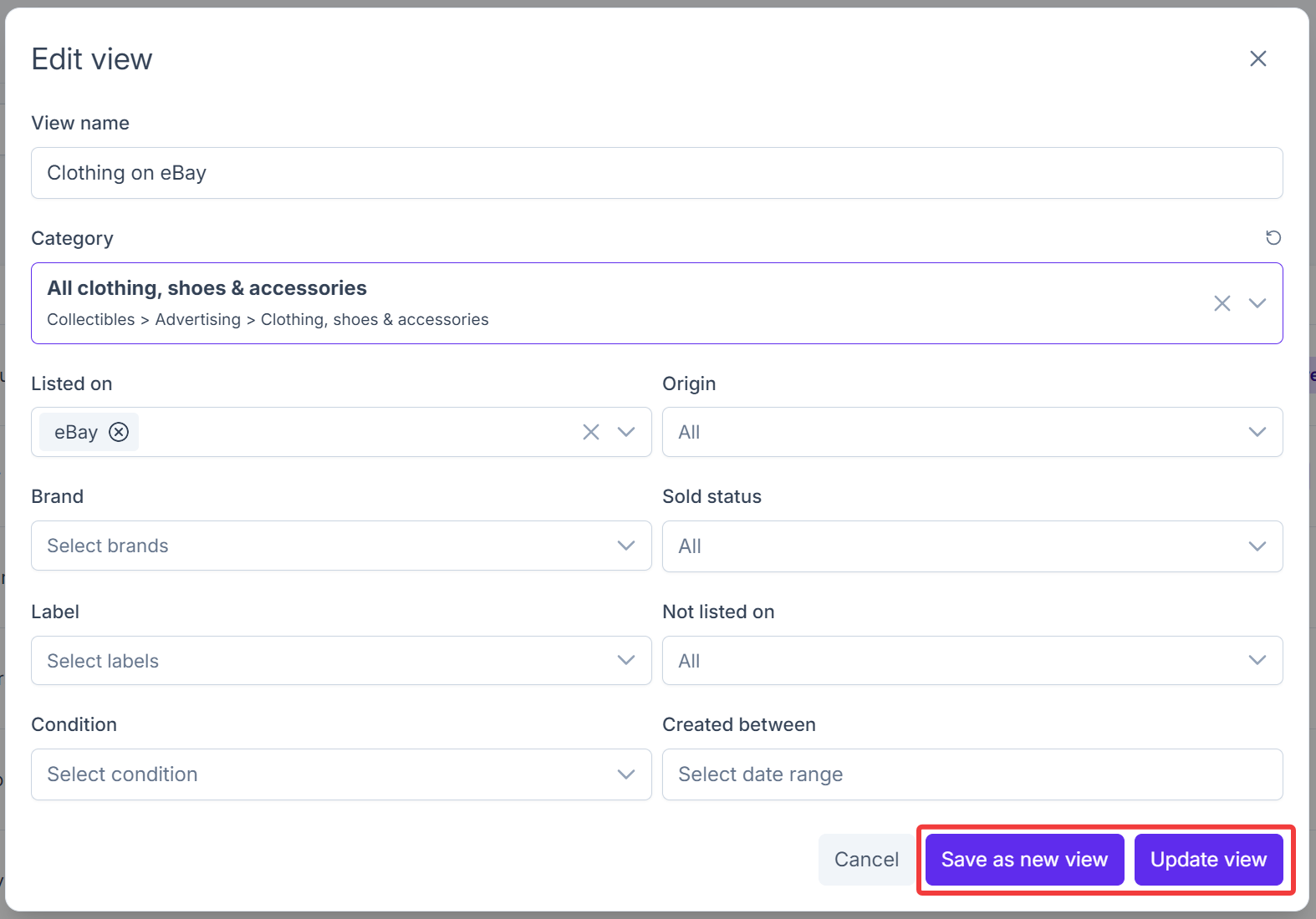 Edit view dialog