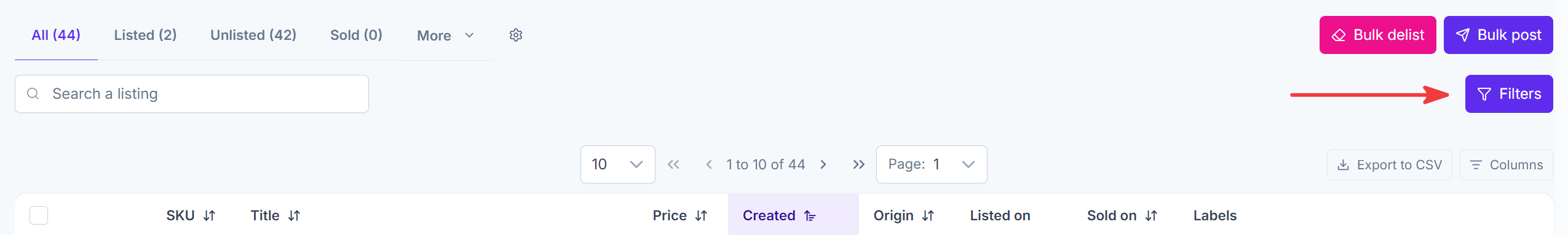 Filters button in My listings