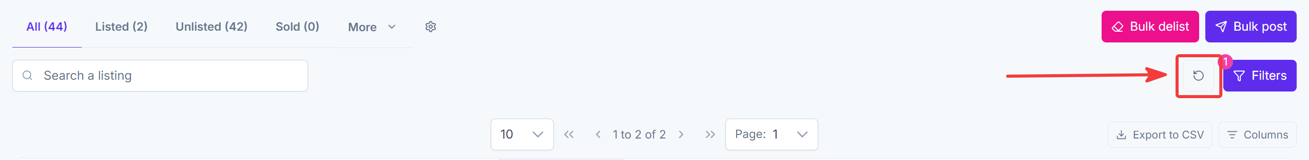 Reset icon next to Filters