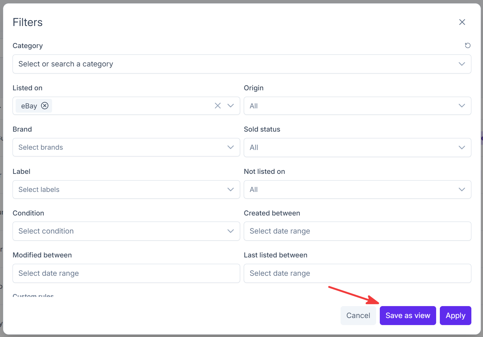 Filters dialog with Save as view and Apply