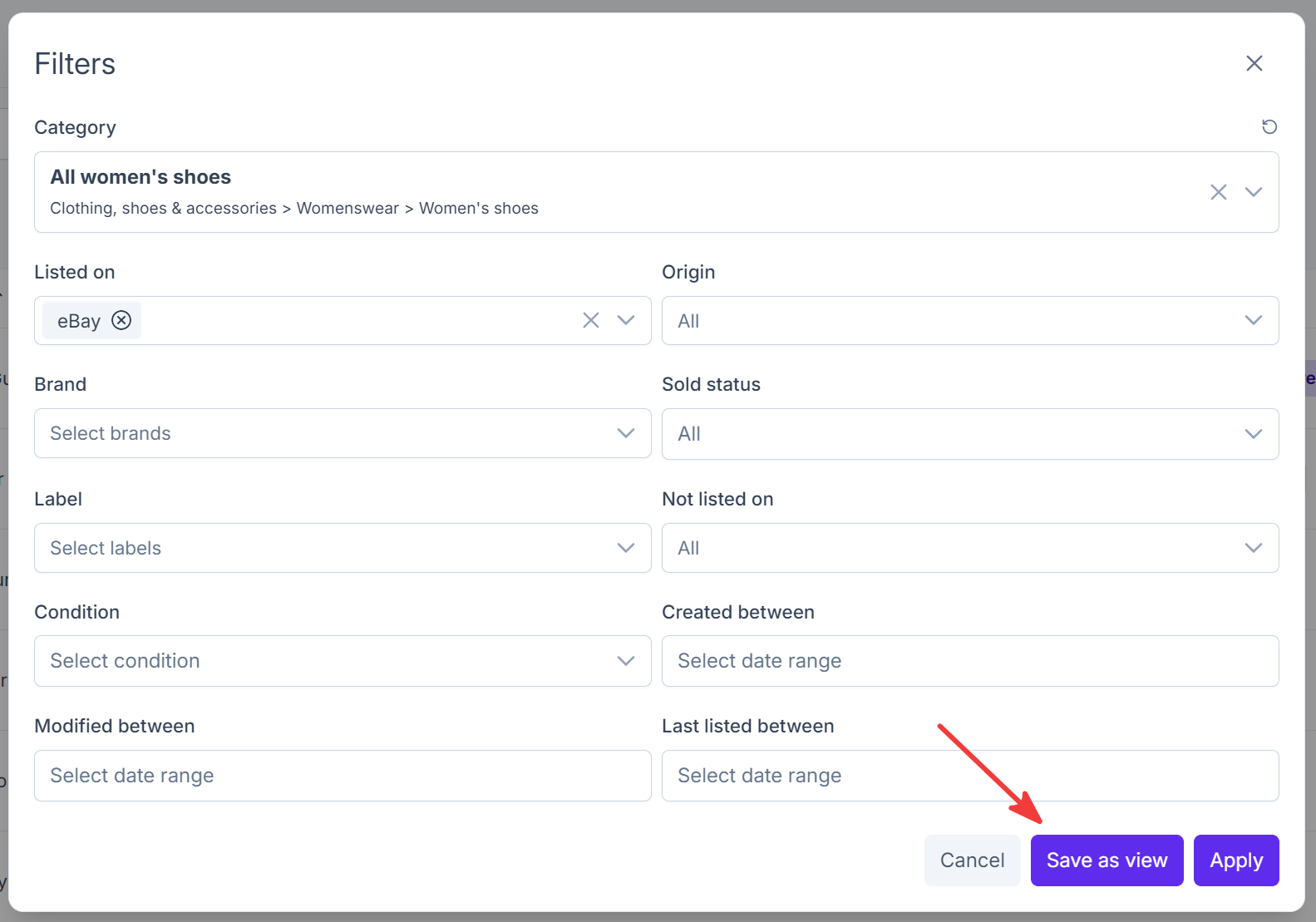 Save as view in the Filters dialog