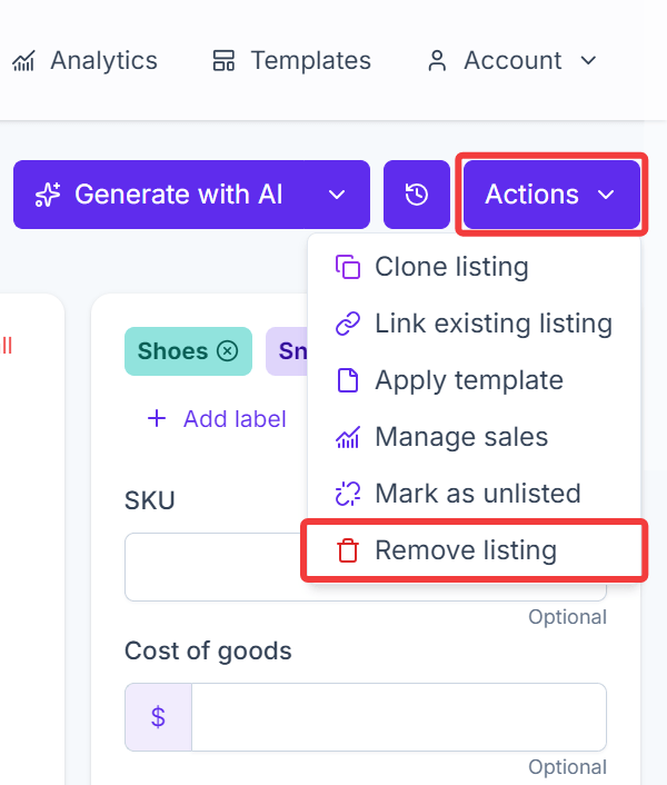 Remove Listing Listing Detail