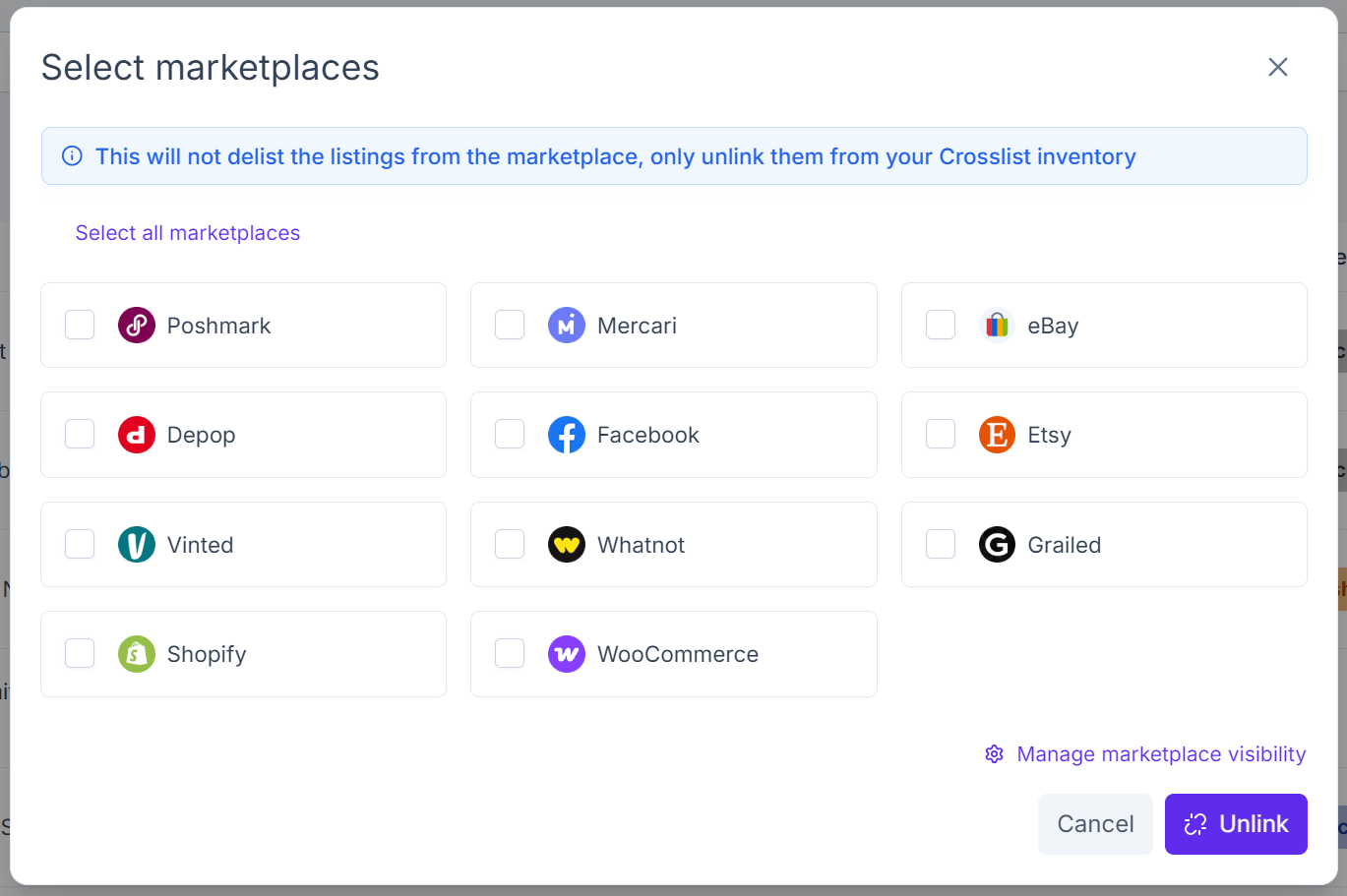 Mark Listings as Unlisted Pop Up