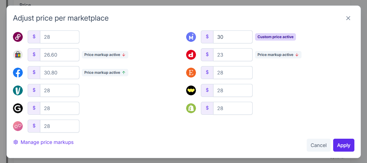 Adjust prices per marketplace