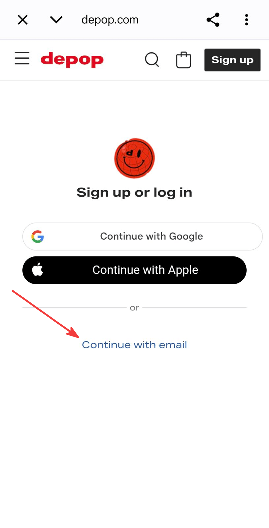 Depop Log In Screen