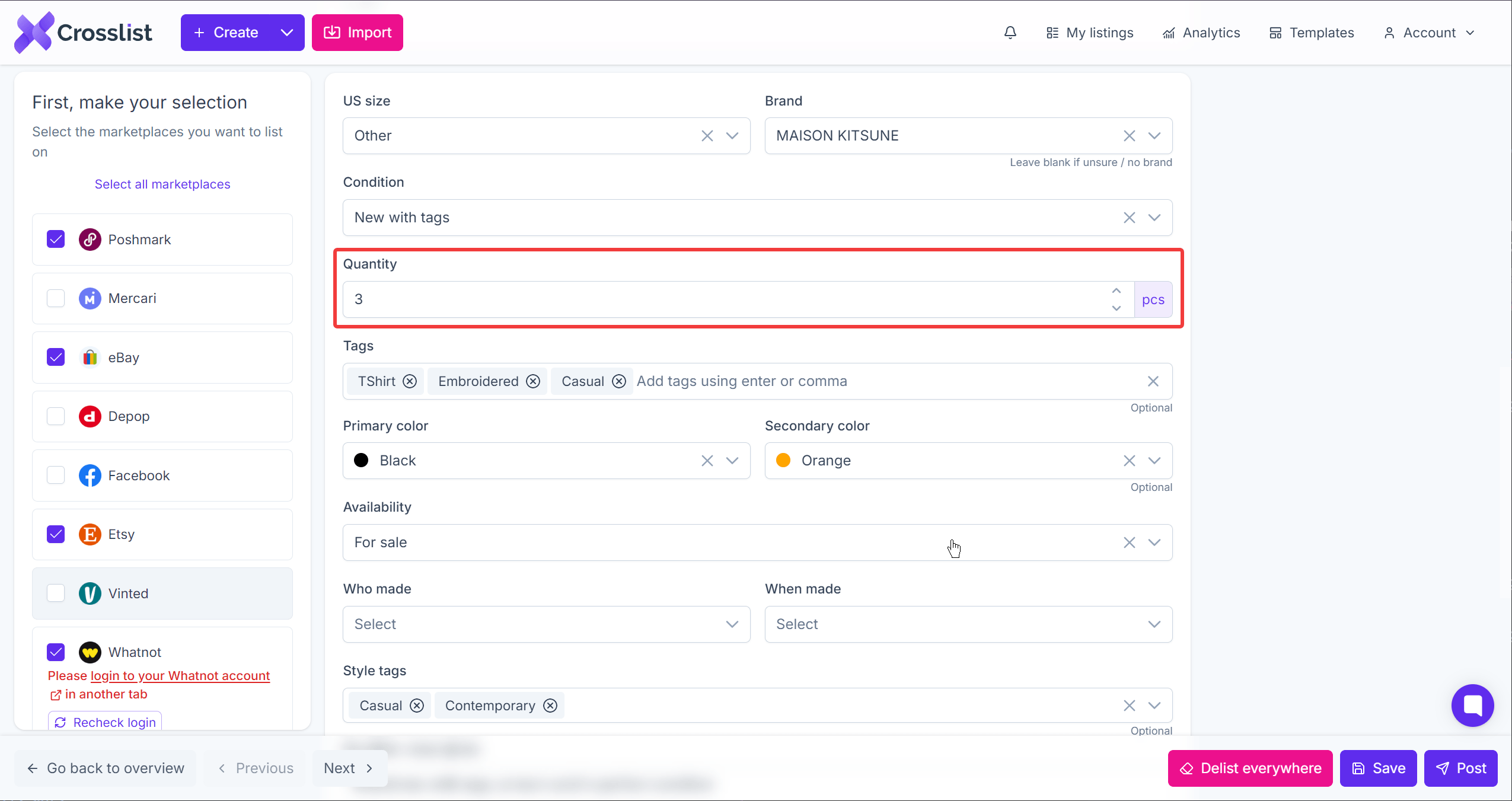 Individual listing quantity field