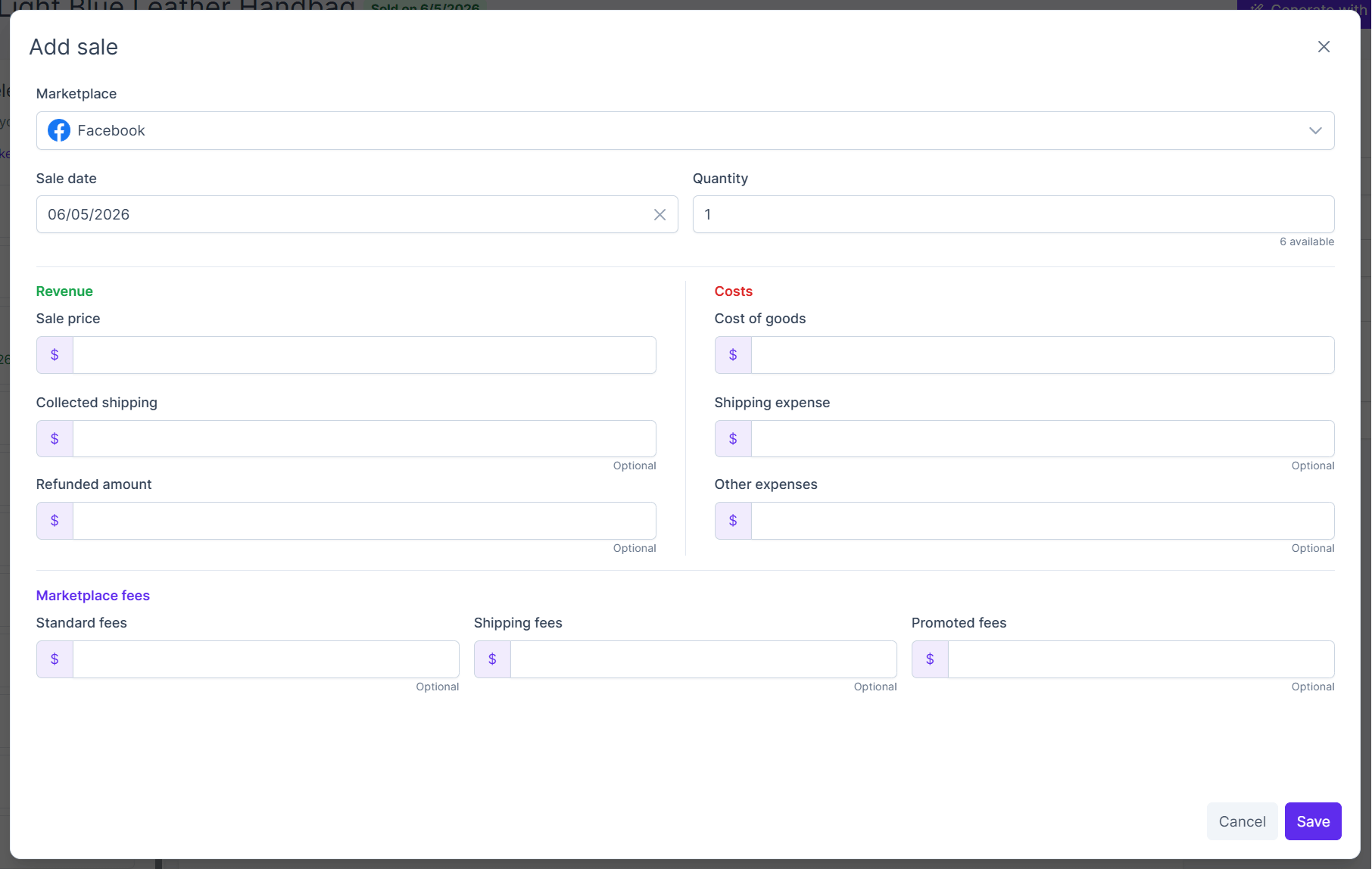 Create sale modal