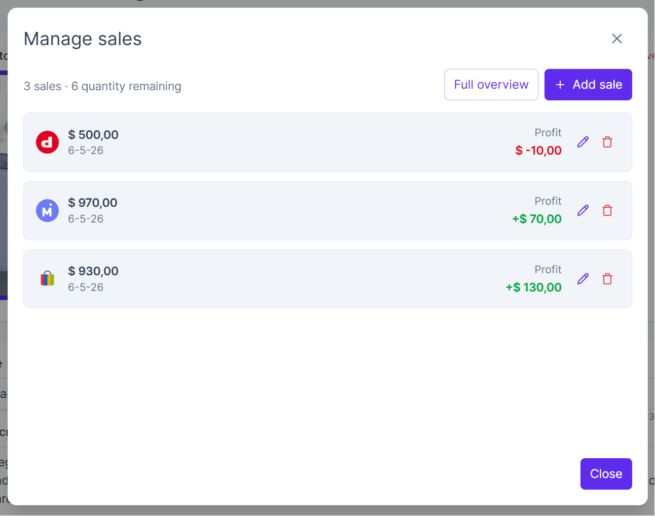 Manage sales modal